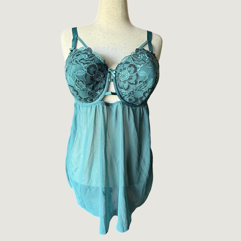 Cacique Teal Lace Underwire Babydoll‎ Lingerie Chemise 44DD Floral Sheer Mesh